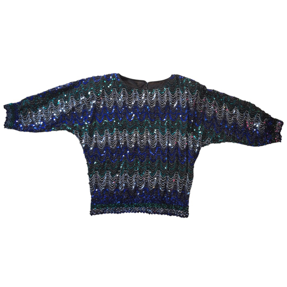 Vintage Women's Three Flaggs Black Blue Green Sequined Top Size M 80's - Picture 1 of 8